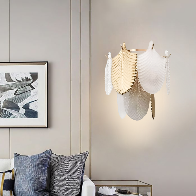 ELEGANT WHITE & GOLD FEATHER WALL SCONCE
