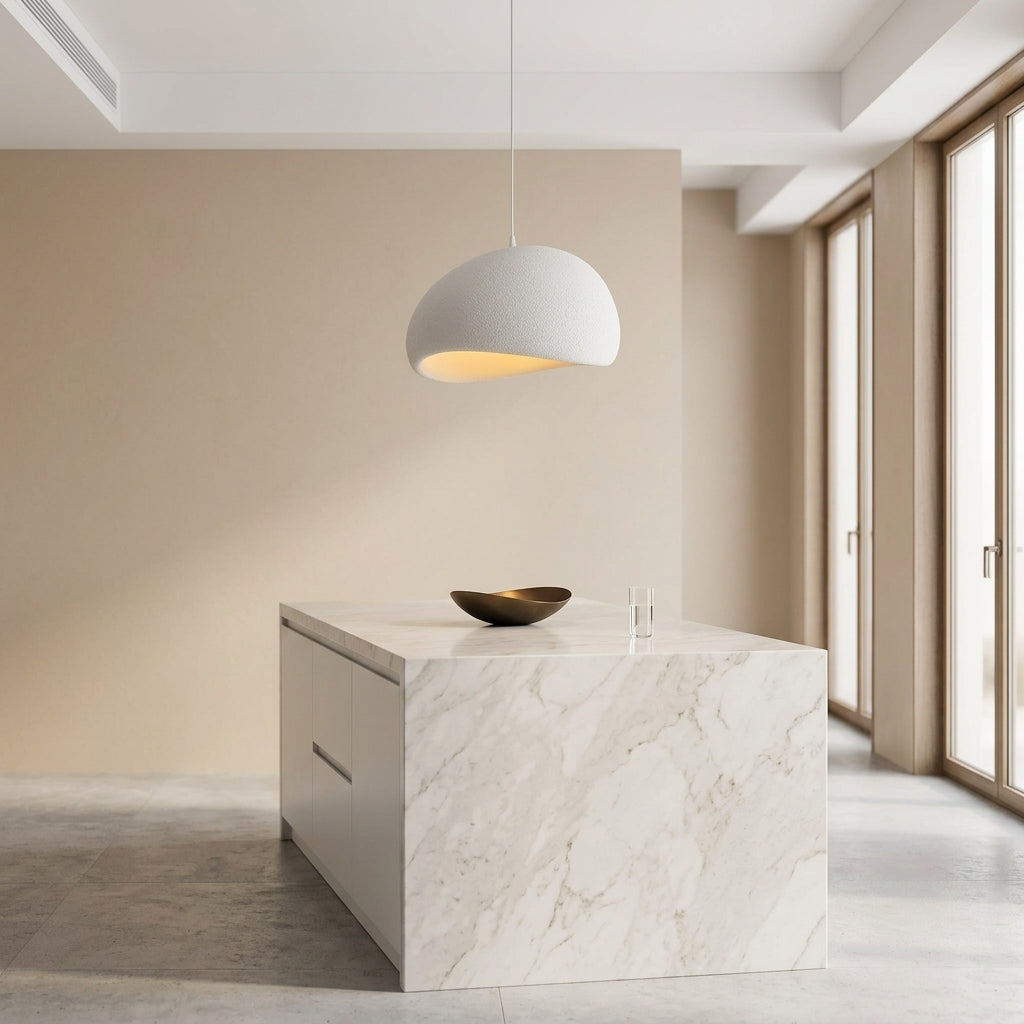 Modern Textured Semi-Sphere Pendant Light – Earthy White Hanging Lamp | Warm White | Perfect for Kitchen island & Living Room