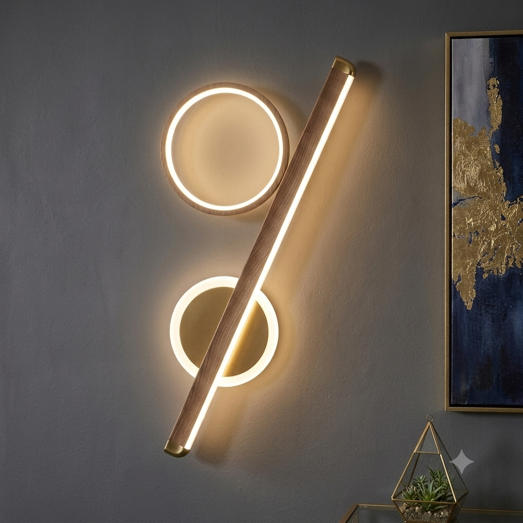 Percentage Modern LED Wall Sconce | Natural Light Wood Finish| 2-Way Ring & Bar Lighting | Warm White Ambient Light