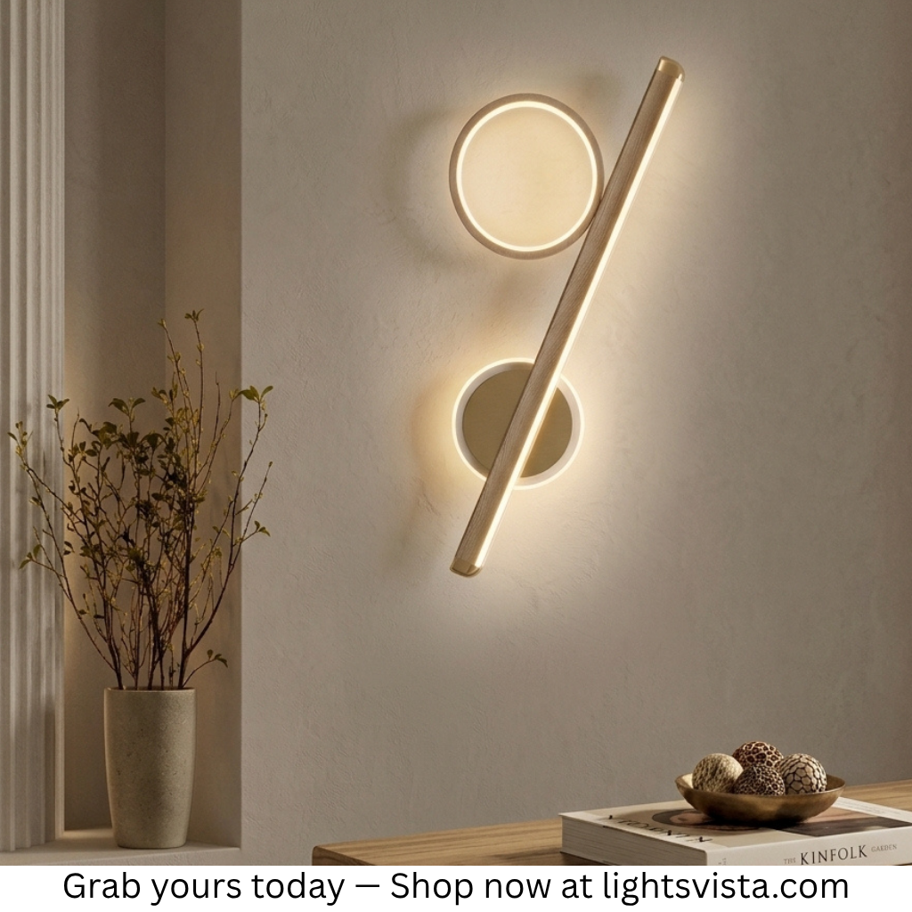 Percentage Modern LED Wall Sconce | Natural Light Wood Finish| 2-Way Ring & Bar Lighting | Warm White Ambient Light